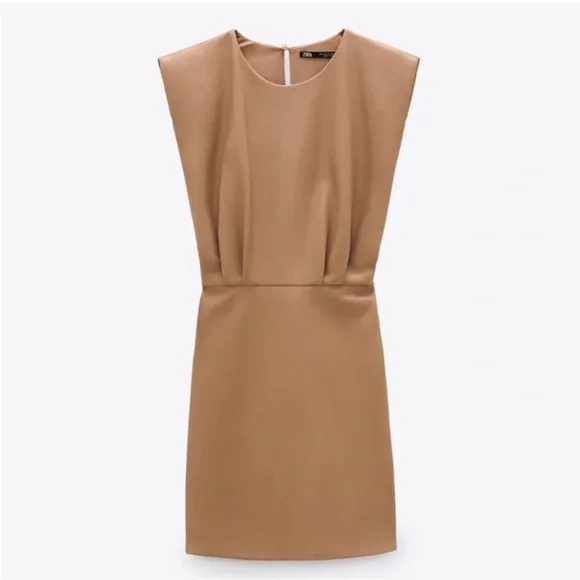 ZARA Faux Leather Padded Shoulder Mini Dress Womens Brown Sleeveless Size Large - Picture 12 of 15